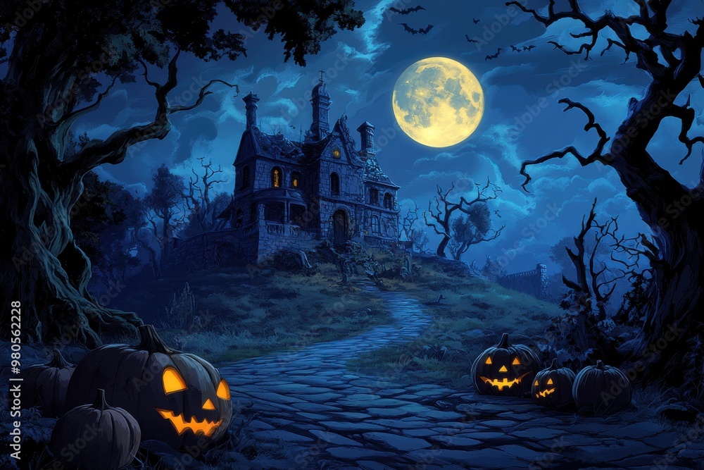 Full Moon Over a Silent Haunted Mansion on a Spooky Halloween Night Full Moon Over a Silent Haunted Mansion on a Spooky Halloween Night