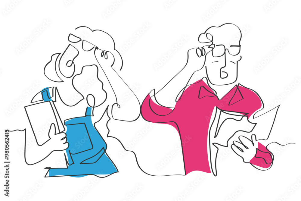 Hand drawn line art vector of a surprised teachers of high school. Young teachers with glasses on and mouths open while checking the test results. Hand drawn line art vector of a surprised teachers of high school. Young teachers with glasses on and mouths open while checking the test results.