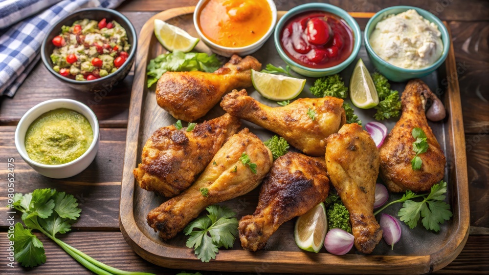 Platter of grilled chicken with vibrant side dishes and sauces.