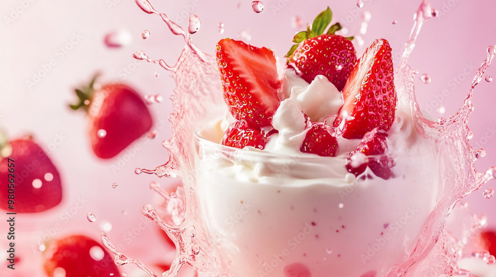 Fresh strawberries splash into creamy yogurt topped dessert in a bright setting Fresh strawberries splash into creamy yogurt topped dessert in a bright setting