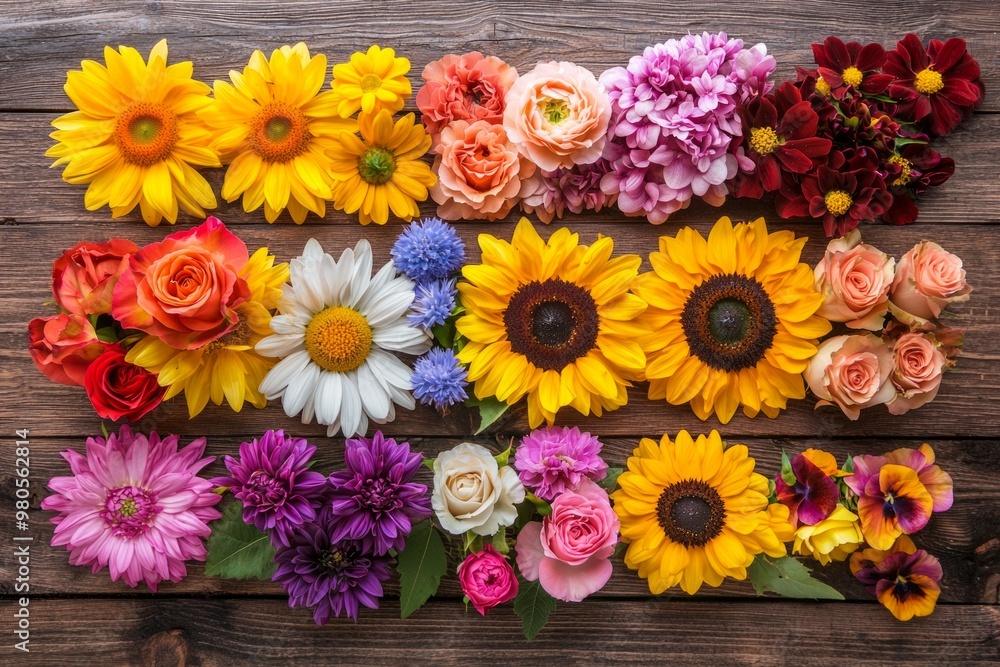A top down view of a collection of vivid flowers like sunflowers, daisies, and roses, arranged symmetrically on a wooden table. A top down view of a collection of vivid flowers like sunflowers, daisies, and roses, arranged symmetrically on a wooden table.