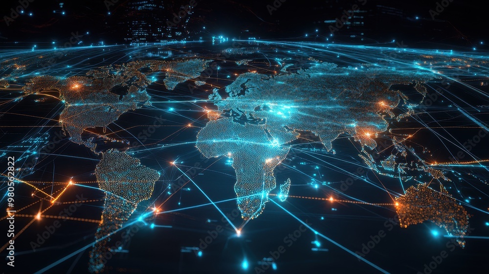 Fototapeta premium A digital world map with glowing lines connecting continents, representing global connectivity and communication.