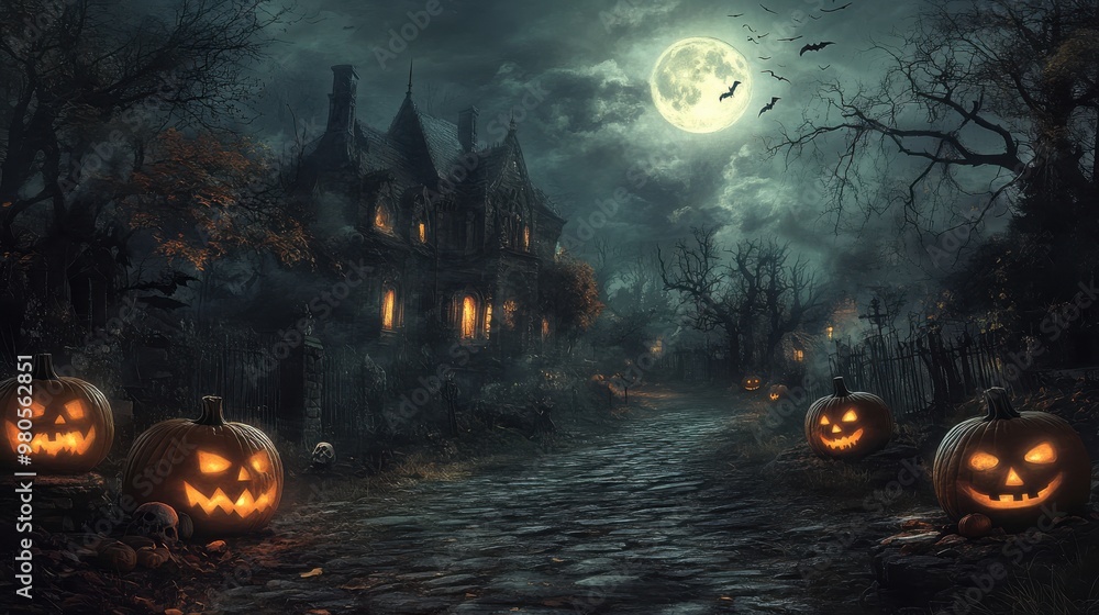 Haunted Mansion Bathed in Moonlight Amidst an Eerie Halloween Silence Haunted Mansion Bathed in Moonlight Amidst an Eerie Halloween Silence