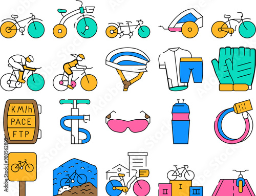 Bike Transport And Accessories Icons Set Vector. Cruiser And Tandem Bike, Trailer For Child And Rider Protective Helmet, Gloves And Clothes. Mountain And Road Riding color Contour Illustrations photo