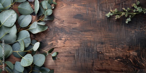 Background of eucalyptus branches, on a dark wooden surface. Nature themed designs, organic projects photo