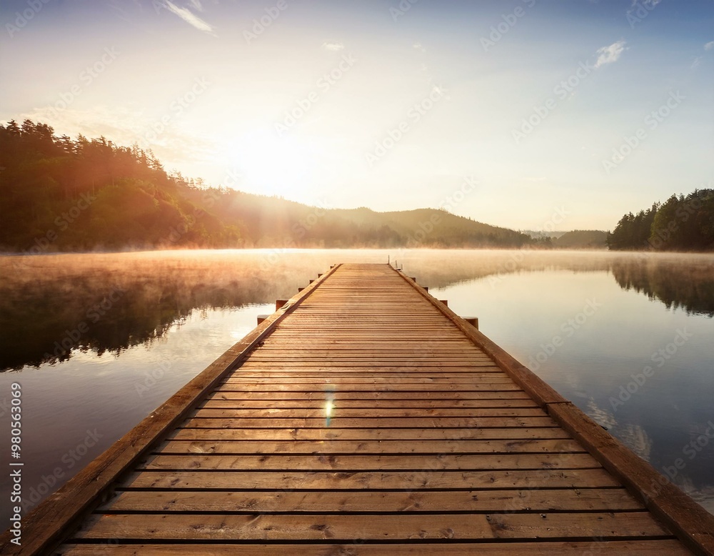 Naklejka premium Holzsteg in See bei Sonnenaufgan, Auszeit