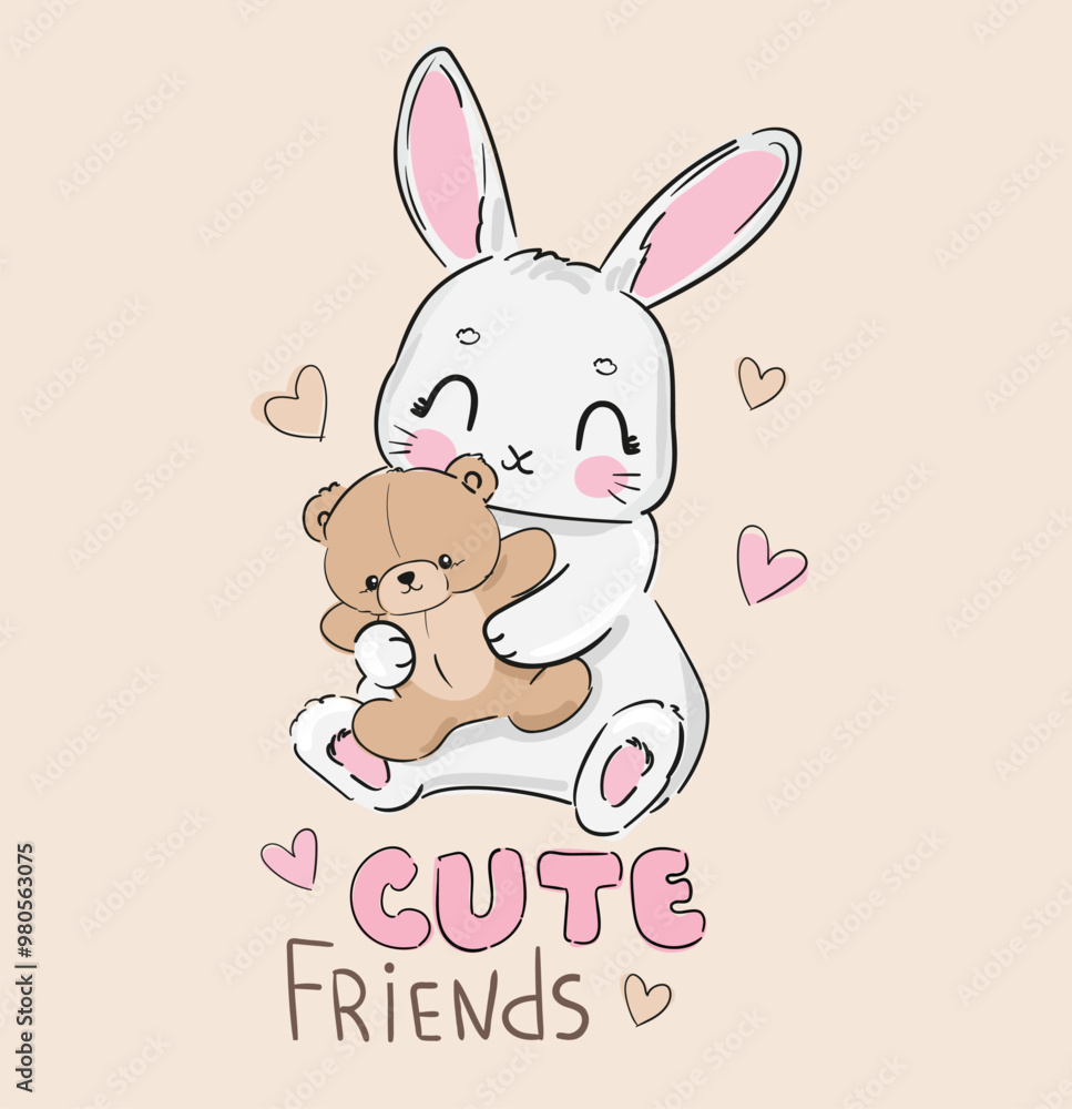 Hand drawn cute bunny with toy teddy bear vector illustration Hand drawn cute bunny with toy teddy bear vector illustration
