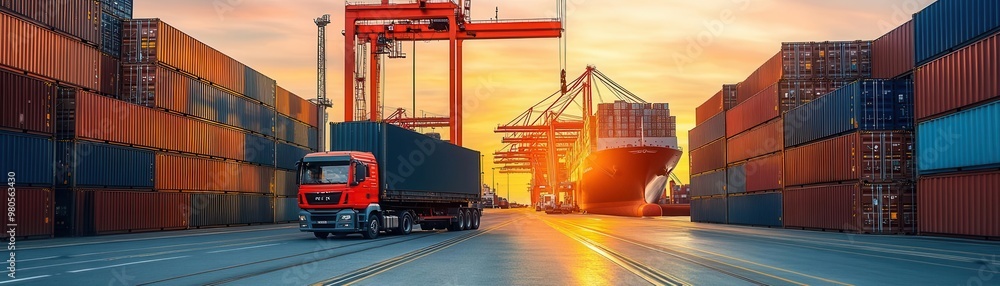 Cargo containers being transferred from a truck to a ship at a port, global logistics in action Cargo containers being transferred from a truck to a ship at a port, global logistics in action