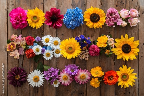 A top down view of a collection of vivid flowers like sunflowers, daisies, and roses, arranged symmetrically on a wooden table. 