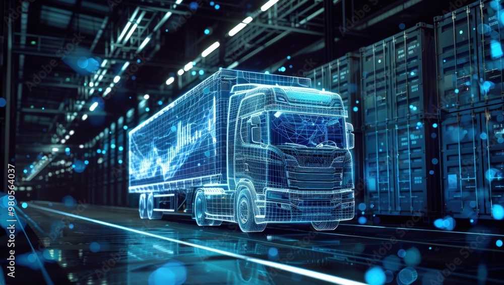 Futuristic truck driving through a data center, representing data transportation and digital logistics. Futuristic truck driving through a data center, representing data transportation and digital logistics.
