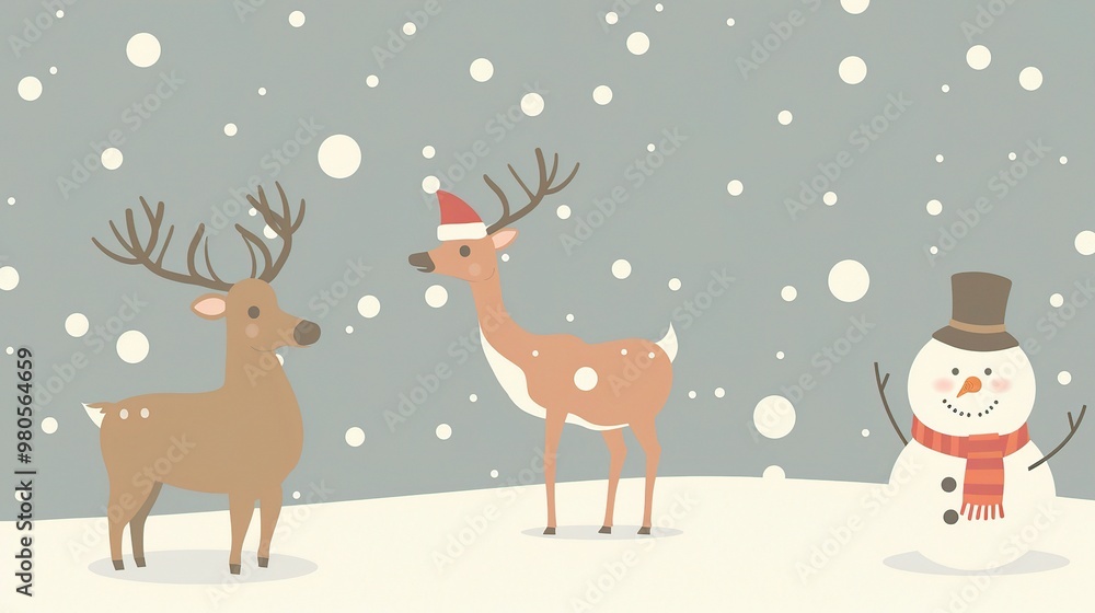 A minimalist background showcases Santa's elk and a snowman. The elk stands with grace, its antlers reaching upwards. The snowman is crafted with care, with a carrot nose and coal eyes A minimalist background showcases Santa's elk and a snowman. The elk stands with grace, its antlers reaching upwards. The snowman is crafted with care, with a carrot nose and coal eyes