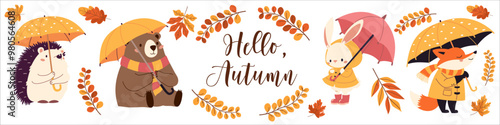 Set of flat vector illustrations in children's style. Cute animals in raincoats and with umbrellas. Hedgehog fox bear hare in the rain. Lettering hello fall, fall leaves. Vector illustration