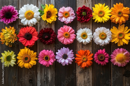 A top down view of a collection of vivid flowers like sunflowers, daisies, and roses, arranged symmetrically on a wooden table. 