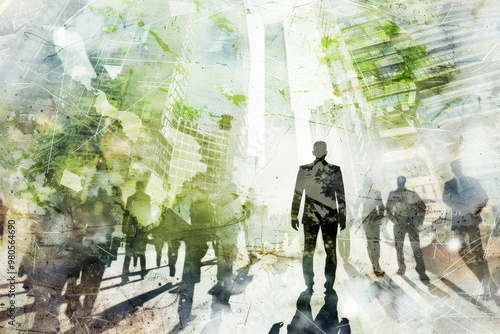 Abstract silhouettes of businesspeople blending with a futuristic green urban cityscape, symbolizing sustainability, teamwork, and the modern corporate world. photo