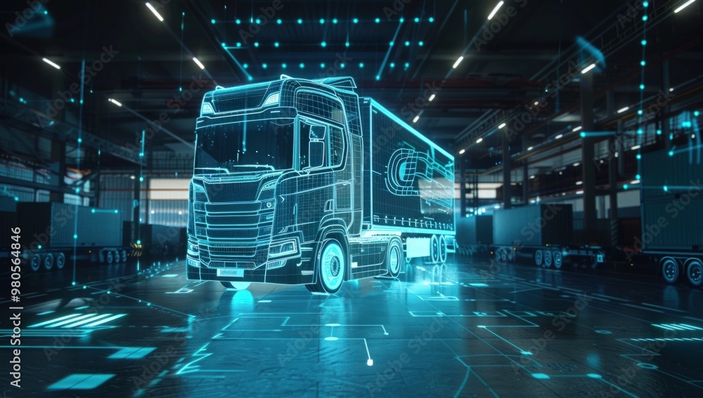 Futuristic digital truck with blue glowing lines in a warehouse. Futuristic digital truck with blue glowing lines in a warehouse.