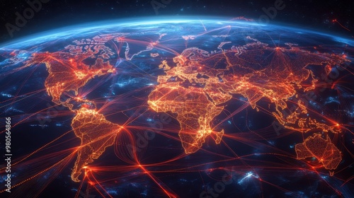A stylized map of the world with glowing lines connecting continents, representing global connectivity and communication.