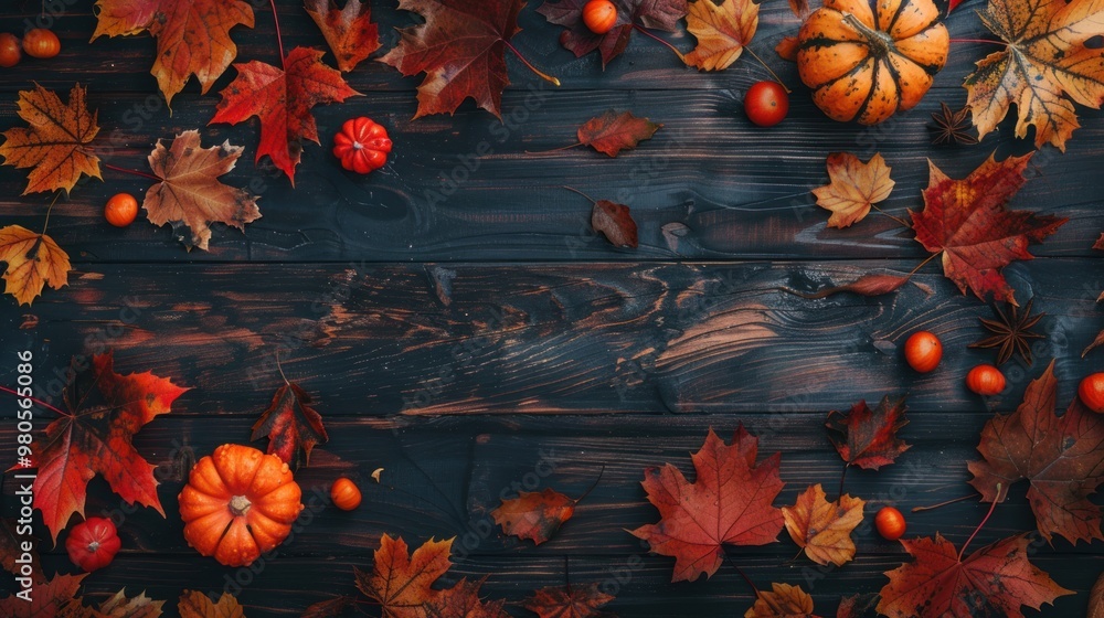Banner photo of yellow maple leaves falling all over vintage wooden table and yellow pumpkins. Thanksgiving. Banner photo of yellow maple leaves falling all over vintage wooden table and yellow pumpkins. Thanksgiving.