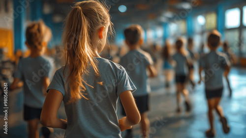 Back View Shot of young Schoolgirl with blonde hair in ponytail, participating in Physical Activity Session in gymnasium with her Classmates