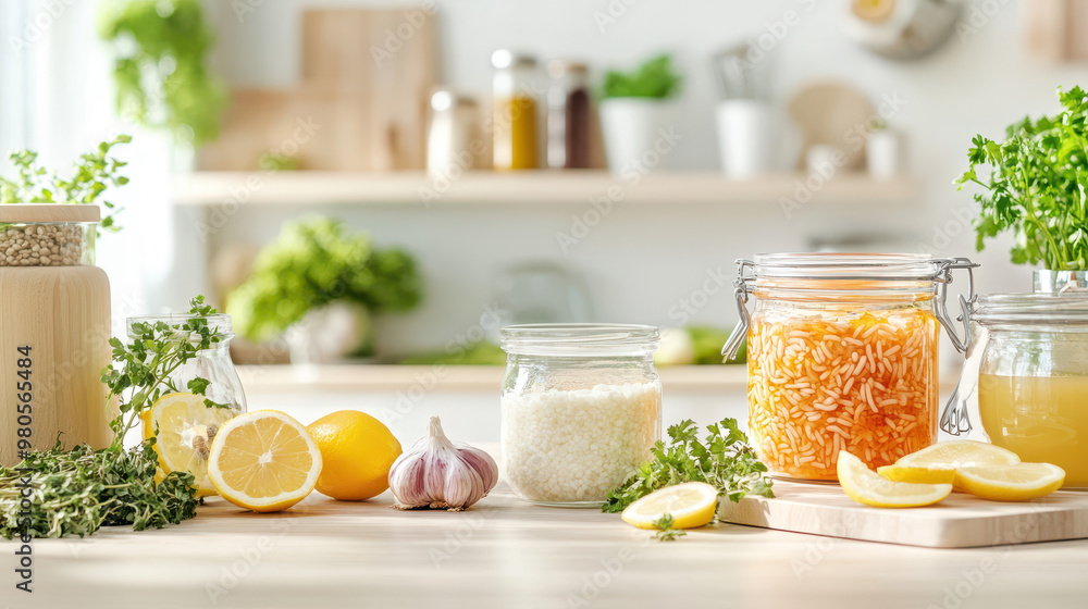 Fresh probiotic ingredients for cooking with herbs, lemon, garlic, and jars of rice and liquid on a wooden kitchen countertop Fresh probiotic ingredients for cooking with herbs, lemon, garlic, and jars of rice and liquid on a wooden kitchen countertop