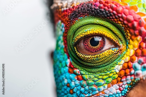 A surreal concept of a chameleon-headed businessman in a suit, blending nature with corporate identity, symbolizing transformation and creative expression. photo