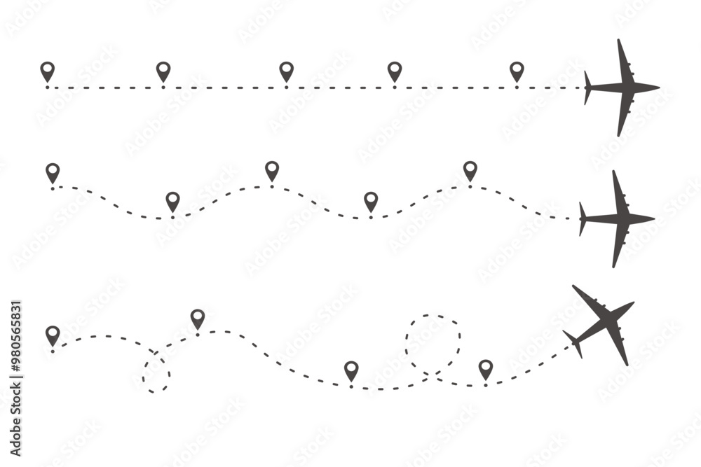 Plane timeine trail dashed line with pin. Infographic destination work process template. Airplane icons, roadmap infographic and travel path routes with location Plane timeine trail dashed line with pin. Infographic destination work process template. Airplane icons, roadmap infographic and travel path routes with location