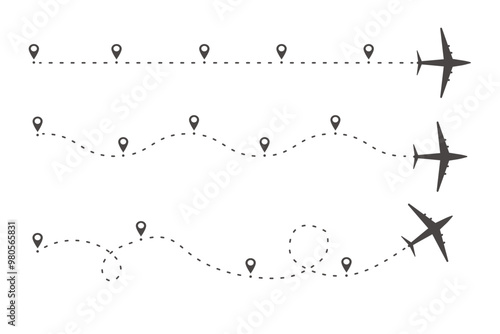 Plane timeine trail dashed line with pin. Infographic destination work process template. Airplane icons, roadmap infographic and travel path routes with location