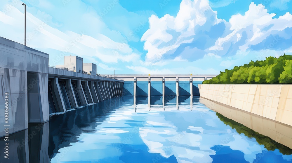 A hydroelectric dam with a vast reservoir reflecting the sky A hydroelectric dam with a vast reservoir reflecting the sky