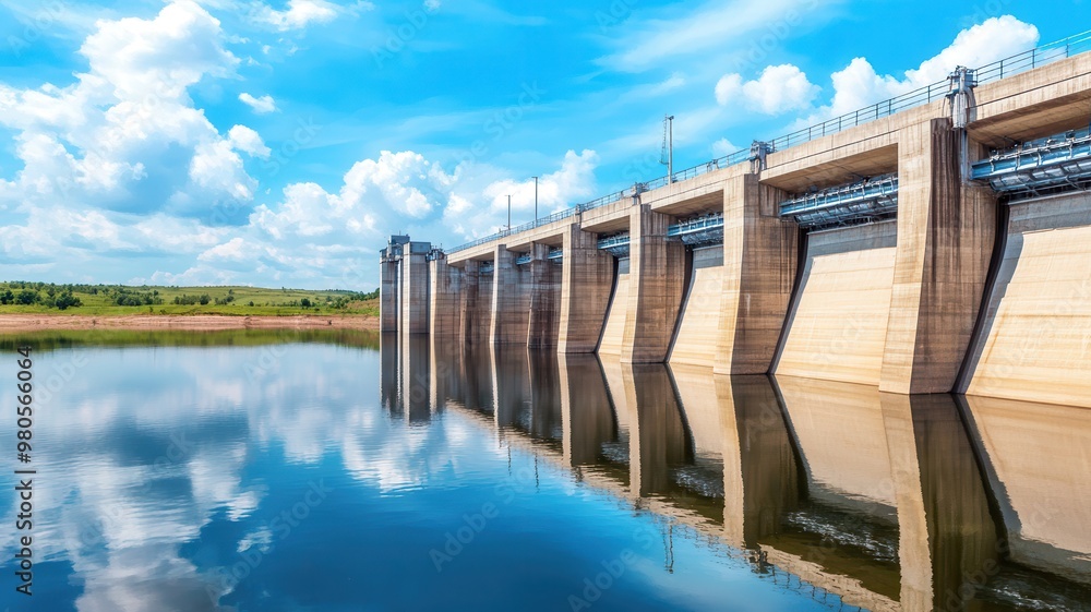 A hydroelectric dam with a vast reservoir reflecting the sky A hydroelectric dam with a vast reservoir reflecting the sky