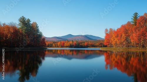 A serene lake surrounded by vibrant autumn foliage and mountains under a clear sky.