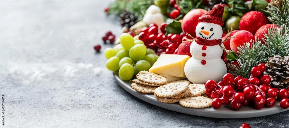 Christmas snack platter with snowman-shaped cheese, red and green fruits, and festive crackers, holiday gathering setting, Christmas snacks, holiday snack platter concept Christmas snack platter with snowman-shaped cheese, red and green fruits, and festive crackers, holiday gathering setting, Christmas snacks, holiday snack platter concept