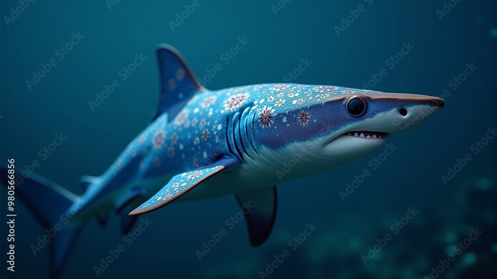 Fototapeta premium a shark with flowers on its head is swimming in the water.