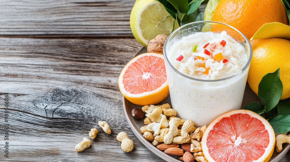Refreshing dessert bowl with probiotic rice pudding and assorted nuts, surrounded by vibrant citrus fruits on a rustic wooden surface