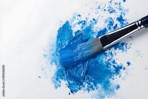 A paintbrush dipped in blue paint, ready for artistic expression on a canvas photo