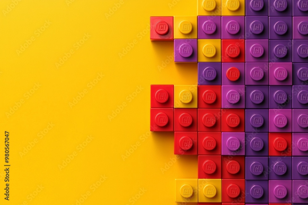 Fototapeta premium Colorful toy blocks neatly stacked in a gradient from red to purple on a bright yellow background. --