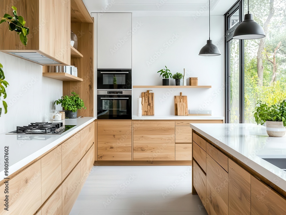 Open-plan kitchen with light wood minimalist cabinets, smooth white countertops, and built-in storage, modern cabinetry, minimalist kitchen Open-plan kitchen with light wood minimalist cabinets, smooth white countertops, and built-in storage, modern cabinetry, minimalist kitchen