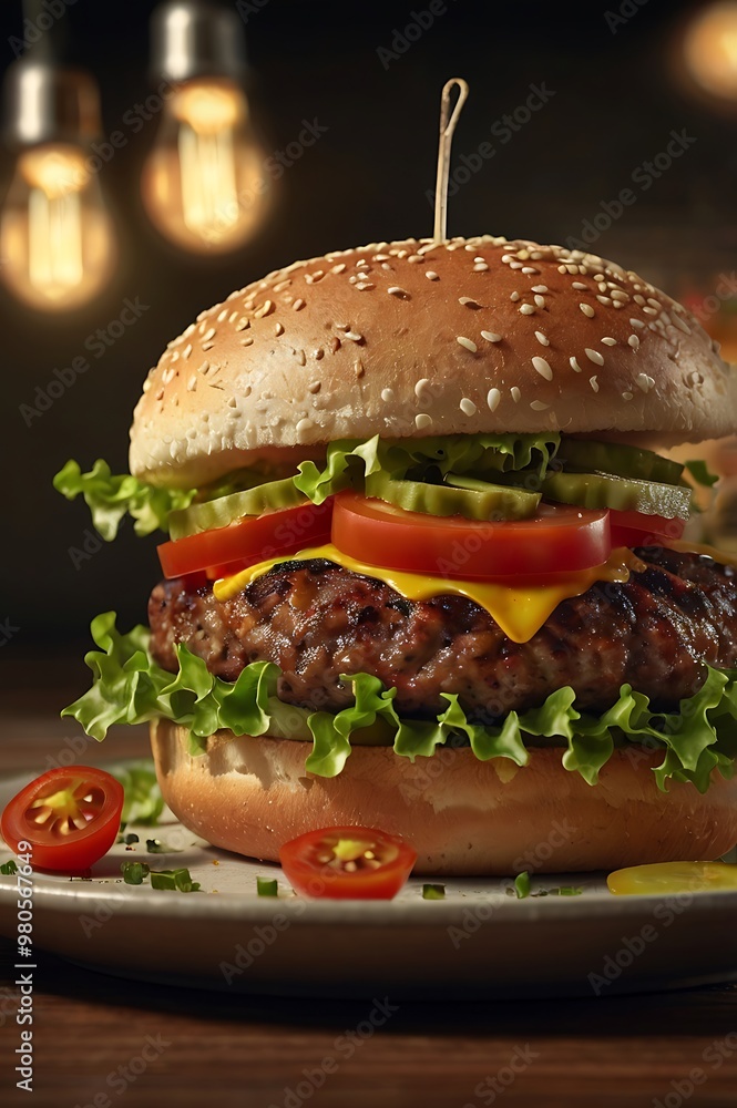 Yummy hamburger on a plate closeup Yummy hamburger on a plate closeup