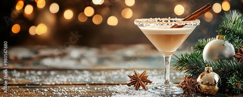 Gingerbread martini with cinnamon stick garnish and snowflake sugar rim, cozy Christmas party atmosphere, Christmas cocktail, gingerbread drink concept