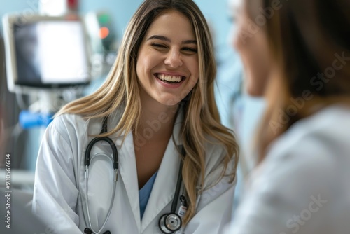 A beautiful professional female doctor smiling with a stethoscope to examine and guide patients in a hospital examination room.