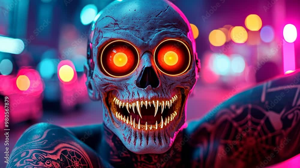 A vibrant, glowing skull with bright, menacing eyes and intricate tattoos A vibrant, glowing skull with bright, menacing eyes and intricate tattoos