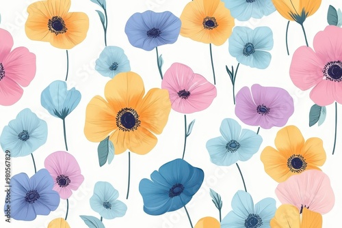 A colorful floral pattern featuring various flowers on a light background.