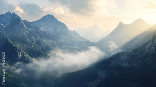 A breathtaking morning panorama of untouched wild nature high in the mountains, with soft mist and sunlit peaks.