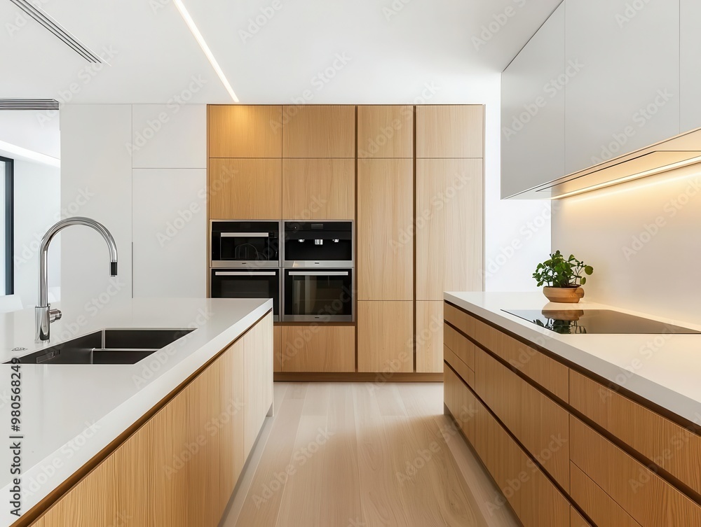 Modern kitchen with light wood cabinetry, neutral countertops, and minimalist lighting accents, modern cabinetry, minimalist design Modern kitchen with light wood cabinetry, neutral countertops, and minimalist lighting accents, modern cabinetry, minimalist design