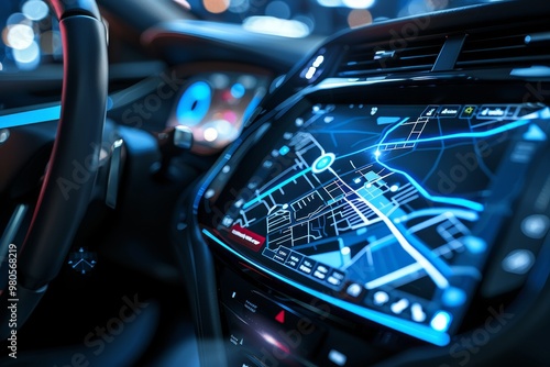 A futuristic car dashboard displaying a GPS navigation map, highlighting advanced automotive technology and smart driving interface for route guidance photo