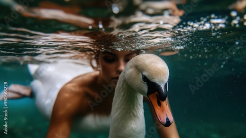 Fototapeta Naklejka Na Ścianę i Meble -  Enchanted underwater scene with graceful swan and mystical woman for posters or cards