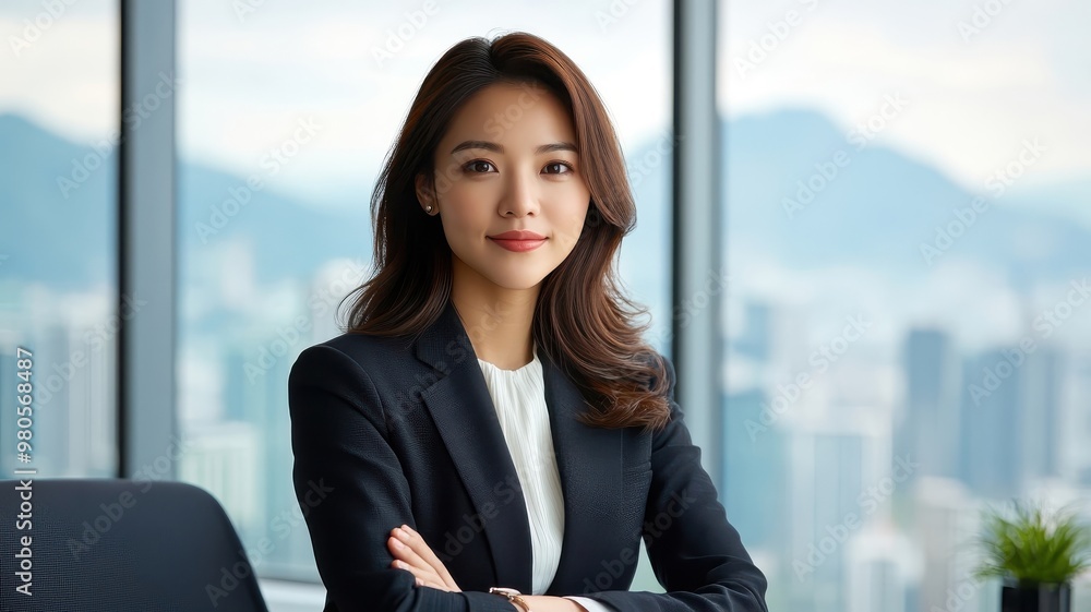 Confident Asian female executive in tailored business suit, standing in modern office with city views, exuding professionalism. Confident Asian female executive in tailored business suit, standing in modern office with city views, exuding professionalism.