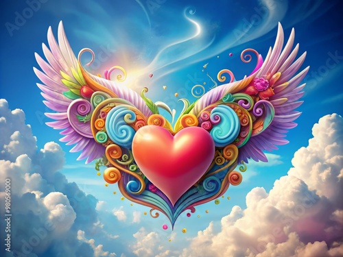 Wallpaper Mural A whimsical cartoon heart with colorful swirling patterns, surrounded by delicate wings, floating among puffy white clouds on a bright blue sky. Torontodigital.ca