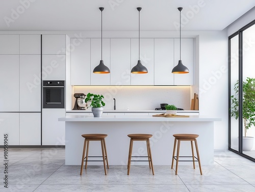 Ultra-modern kitchen with handleless white cabinets, sleek island, and built-in appliances, modern kitchen style, sleek cabinetry photo