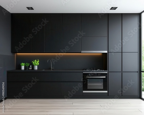 Compact modern kitchen with matte black cabinets, integrated appliances, and sleek lighting, modern cabinetry, minimalist kitchen style