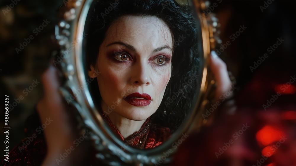 Fototapeta premium Fairytale evil queen gazing into mirror - mysterious fantasy scene for posters and cards