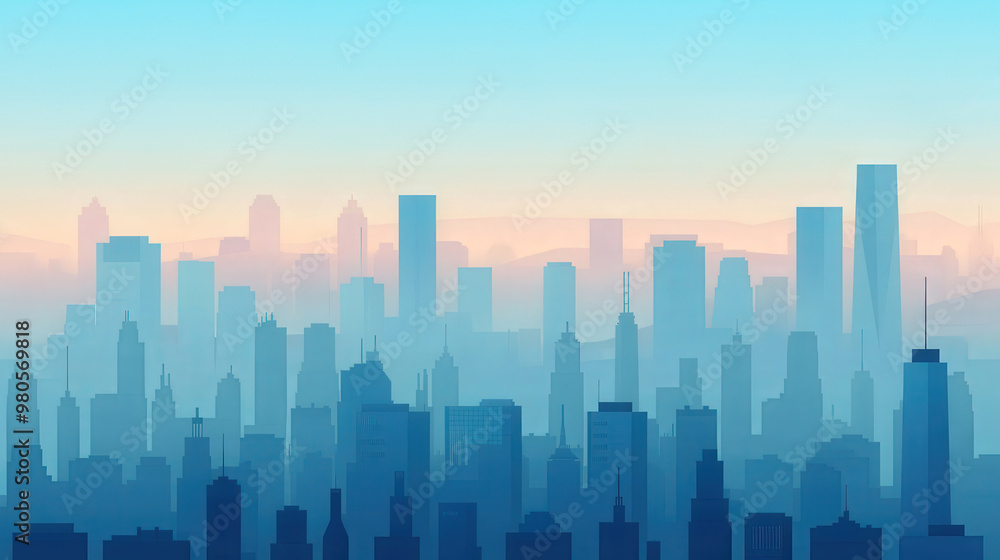 Naklejka premium Urban skyline shrouded in smog, flat design emphasizing air pollution awareness and environmental impact on city life, highlighting the need for cleaner air initiatives.